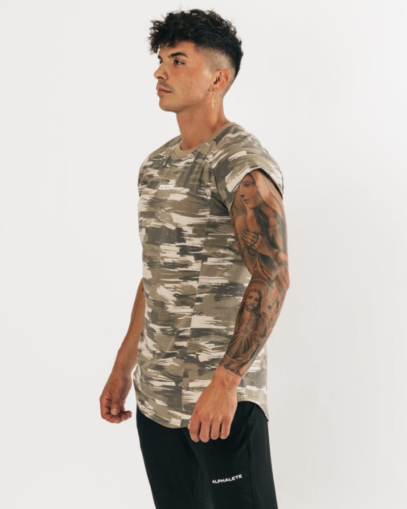 Men's Alphalete Velocity Sleeveless Tee Stringers Tan Canvas Camo | 1758-XOZAD