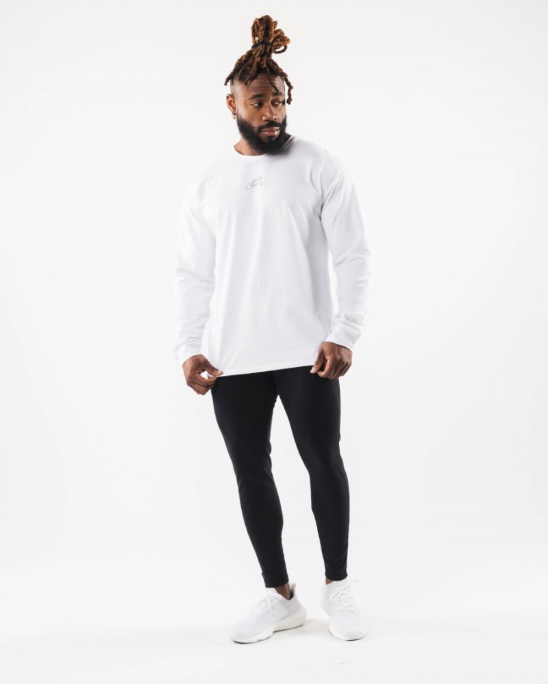 Men's Alphalete Wolf Head LS Tee Shirts White | 6091-DWAPF