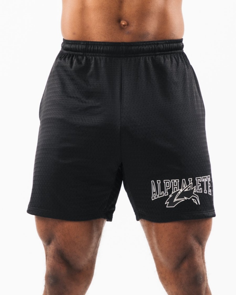 Men\'s Alphalete Wolf Head Mesh Short 6" Shorts Black / Sea Shell | 4087-INLFV