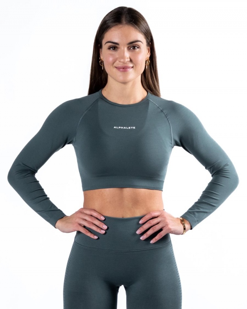 Women\'s Alphalete Amplify LS Crop Long Sleeve Charcoal | 9638-VNAOB