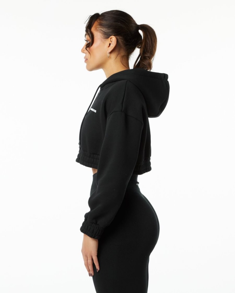 Women's Alphalete Classic Capital Crop Hoodie Hoodie Black | 8761-TOGUC