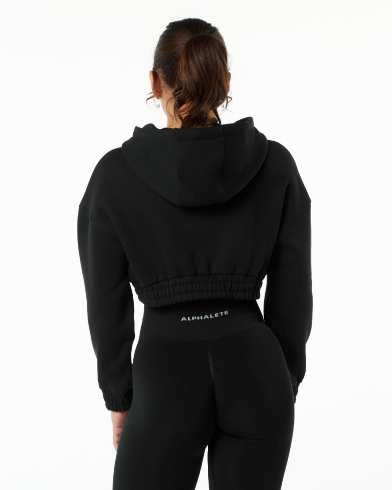 Women's Alphalete Classic Capital Crop Hoodie Hoodie Black | 8761-TOGUC