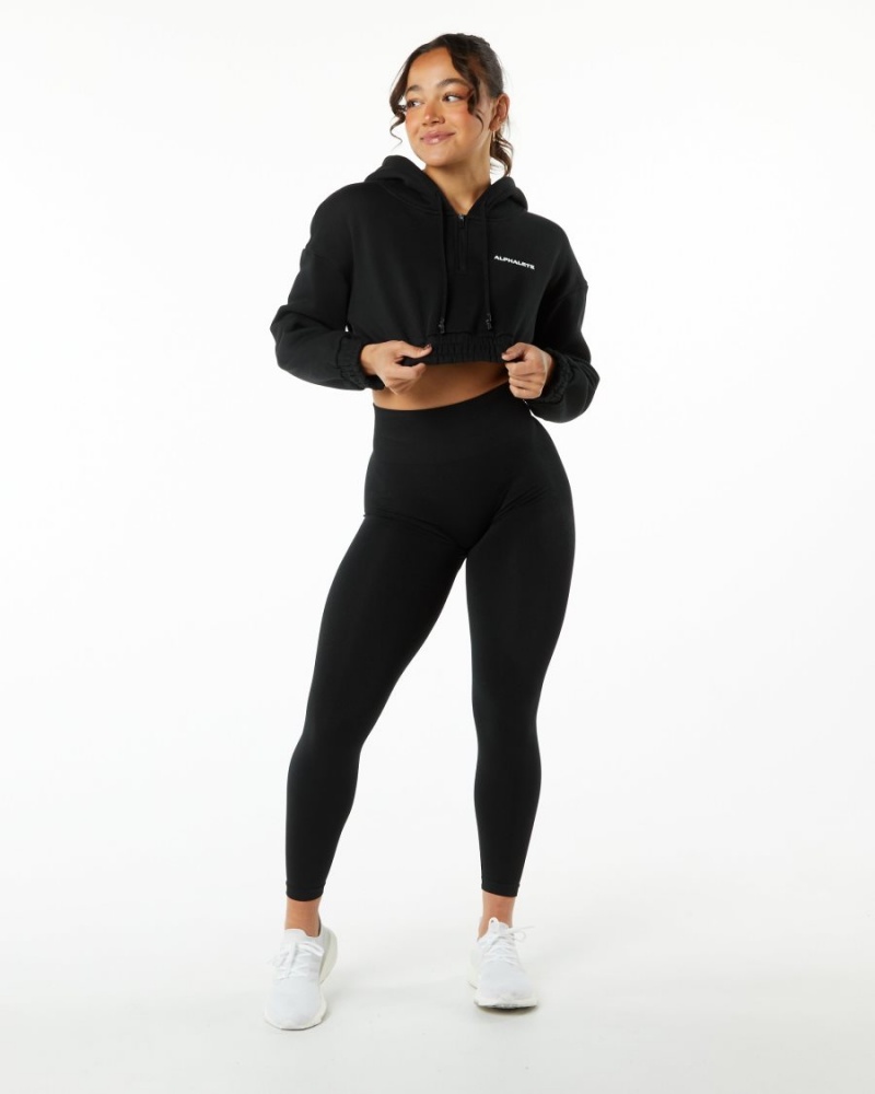 Women's Alphalete Classic Capital Crop Hoodie Hoodie Black | 8761-TOGUC