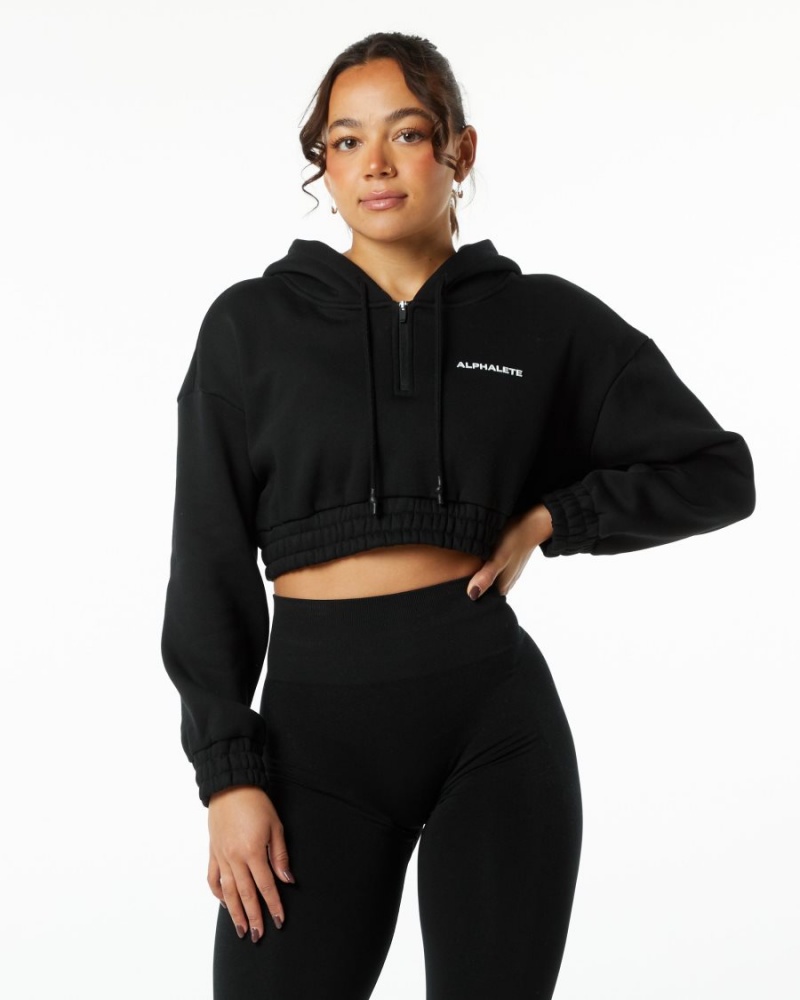 Women\'s Alphalete Classic Capital Crop Hoodie Hoodie Black | 8761-TOGUC