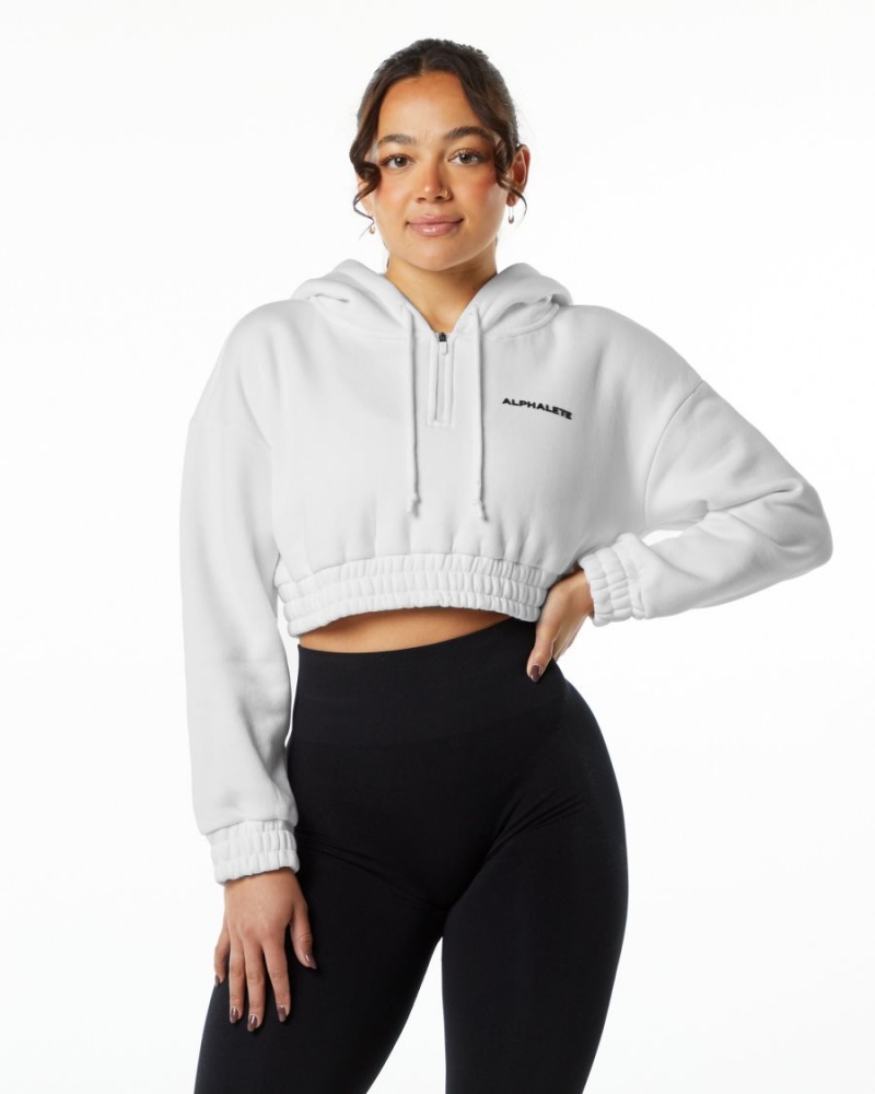 Women\'s Alphalete Classic Capital Crop Hoodie Hoodie White | 1794-ZDRJC