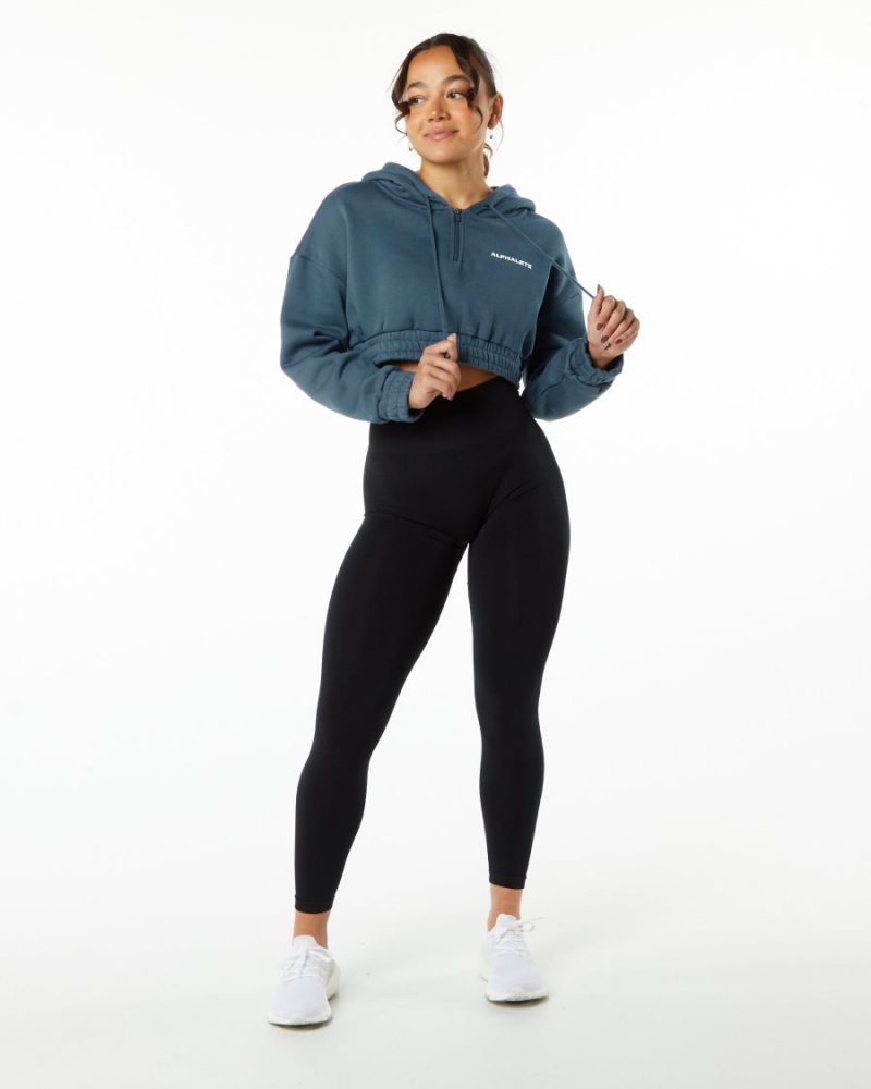 Women's Alphalete Classic Capital Crop Hoodie Hoodie Whale Blue | 5863-EJQHK