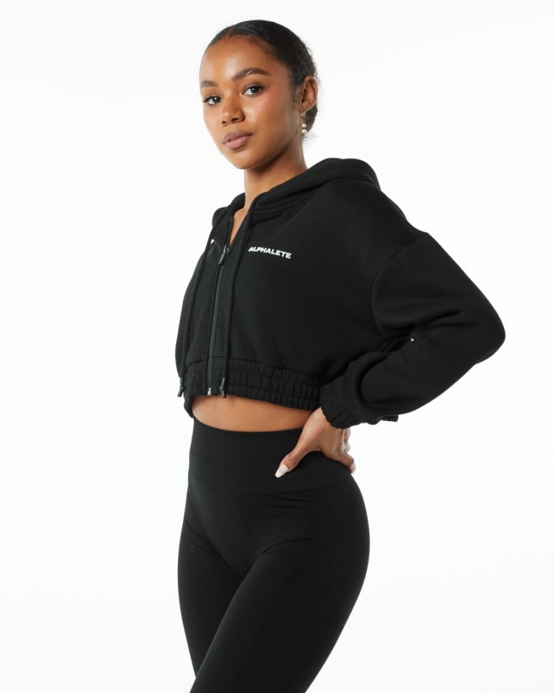 Women's Alphalete Classic Capital Full-Zip Crop Jacket Jackets Black | 5431-XFGQZ