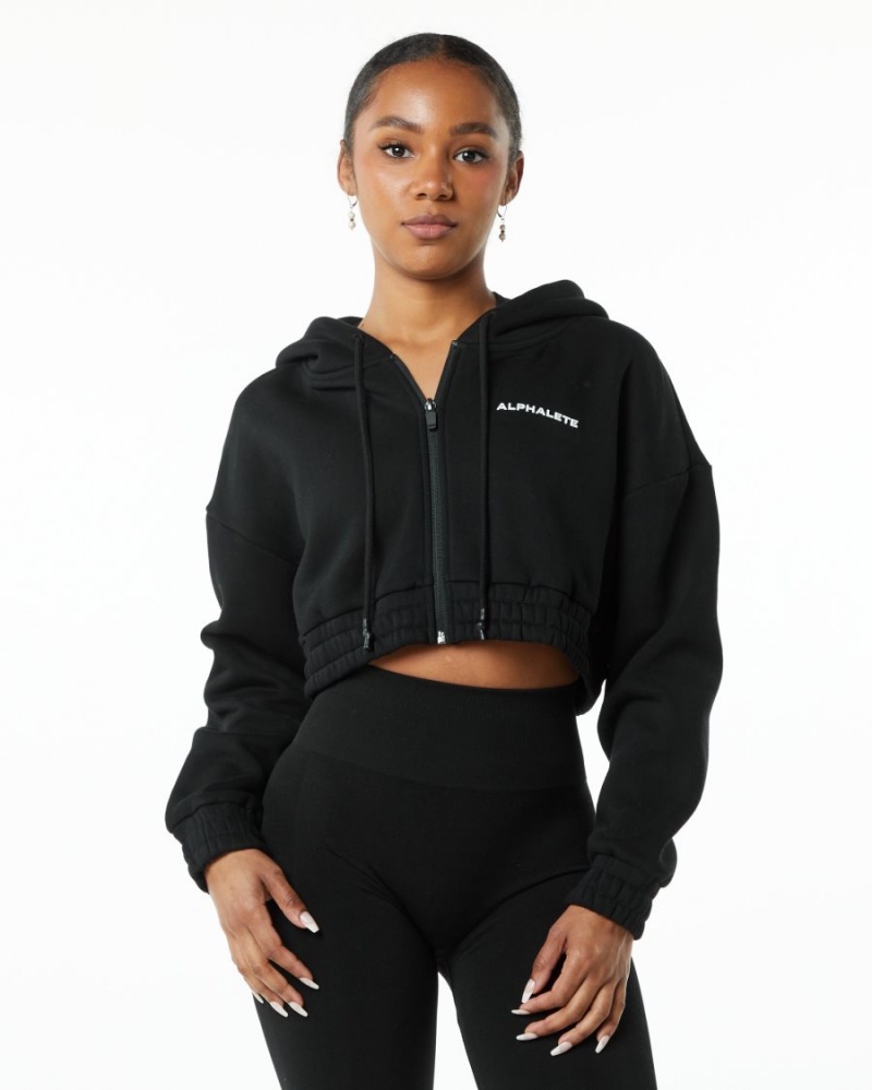 Women\'s Alphalete Classic Capital Full-Zip Crop Jacket Jackets Black | 5431-XFGQZ