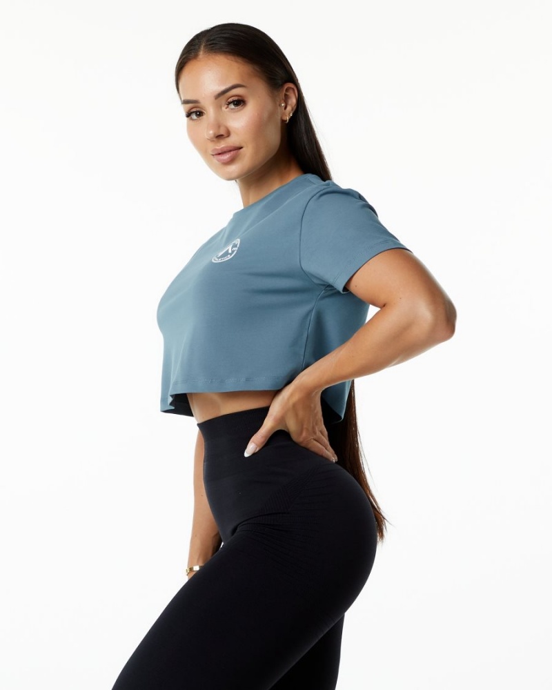 Women's Alphalete Dynasty Crop Shirts Atlantic Blue | 8976-NHYDP