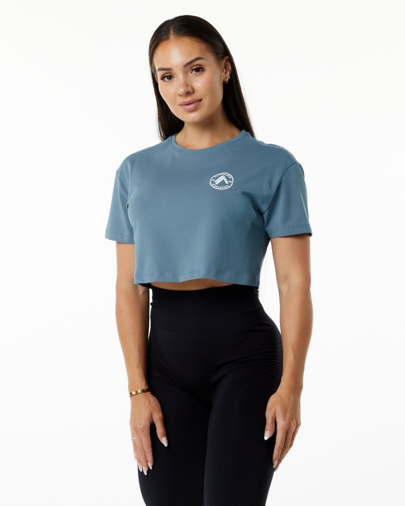 Women\'s Alphalete Dynasty Crop Shirts Atlantic Blue | 8976-NHYDP