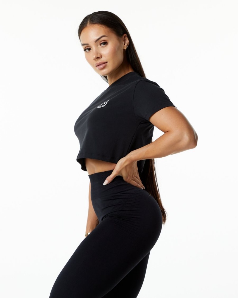 Women's Alphalete Dynasty Crop Shirts Black | 2658-QNHVL