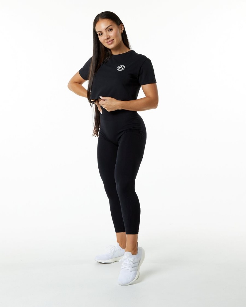 Women's Alphalete Dynasty Crop Shirts Black | 2658-QNHVL