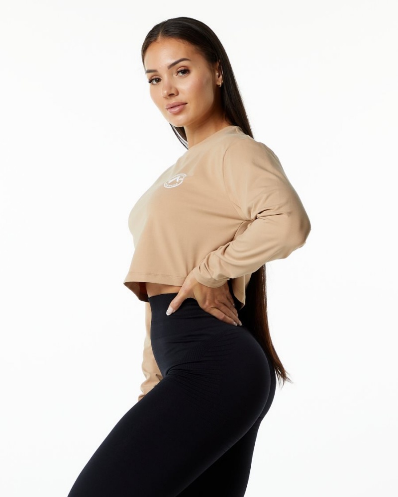 Women's Alphalete Dynasty LS Crop Long Sleeve Taupe | 8491-KCNYD