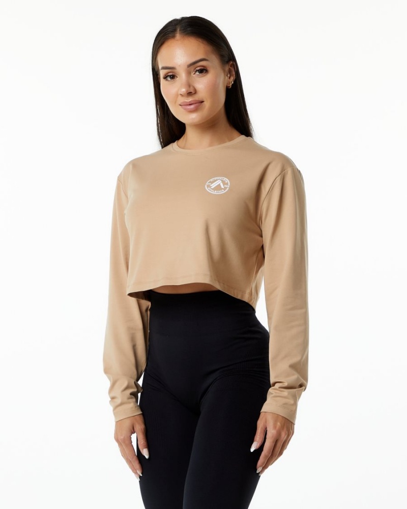 Women\'s Alphalete Dynasty LS Crop Long Sleeve Taupe | 8491-KCNYD