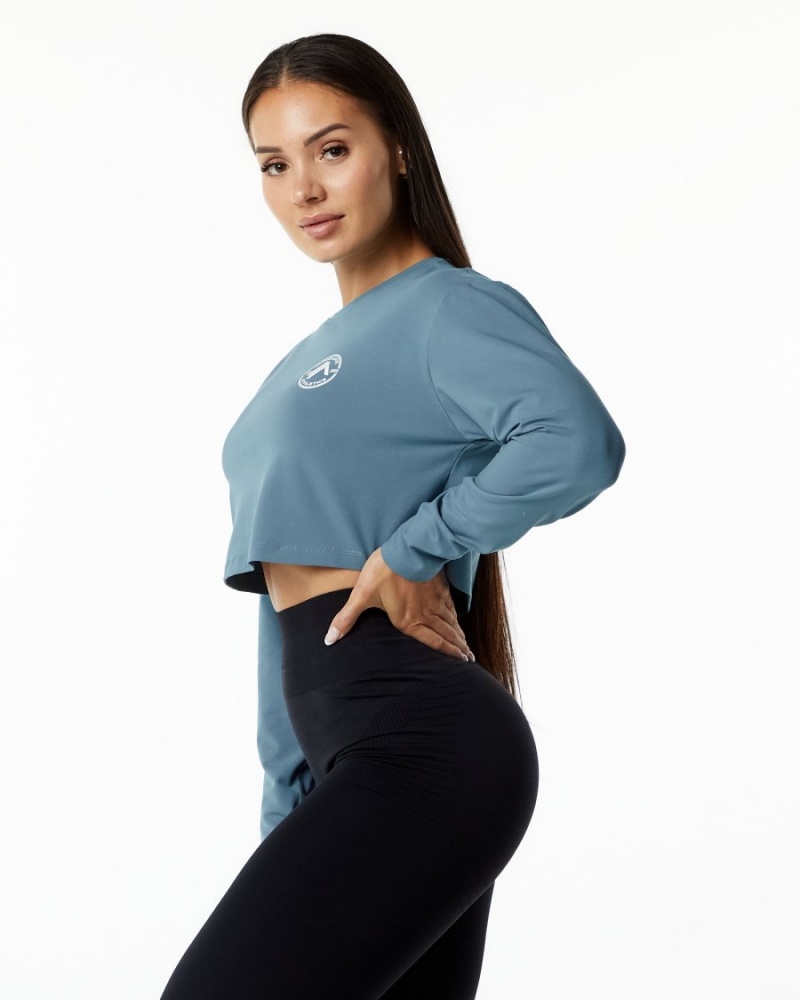 Women's Alphalete Dynasty LS Crop Long Sleeve Atlantic Blue | 0231-WORQZ