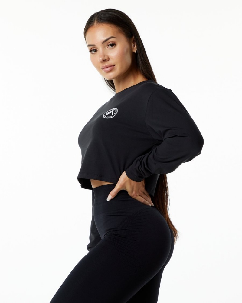 Women's Alphalete Dynasty LS Crop Long Sleeve Black | 3762-CZXHR