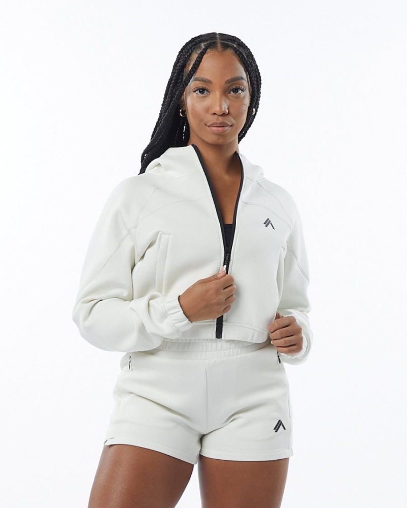 Women\'s Alphalete ELMTS Full-Zip Crop Jacket Jackets Cream | 9706-UDOFQ