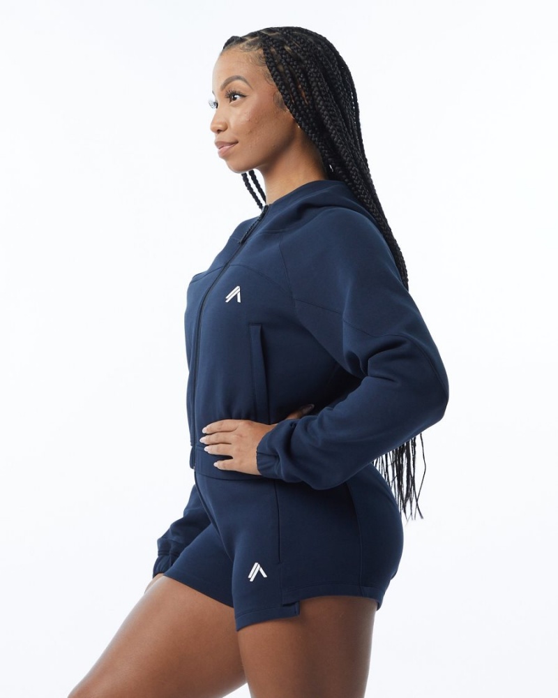 Women's Alphalete ELMTS Full-Zip Crop Jacket Jackets Navy | 8753-RANPB