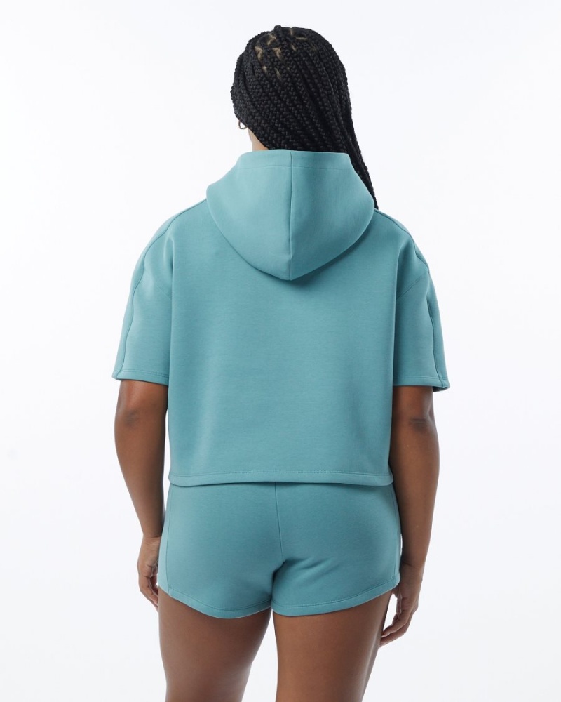 Women's Alphalete ELMTS Half Sleeve Hoodie Hoodie Teal | 5623-MASBD