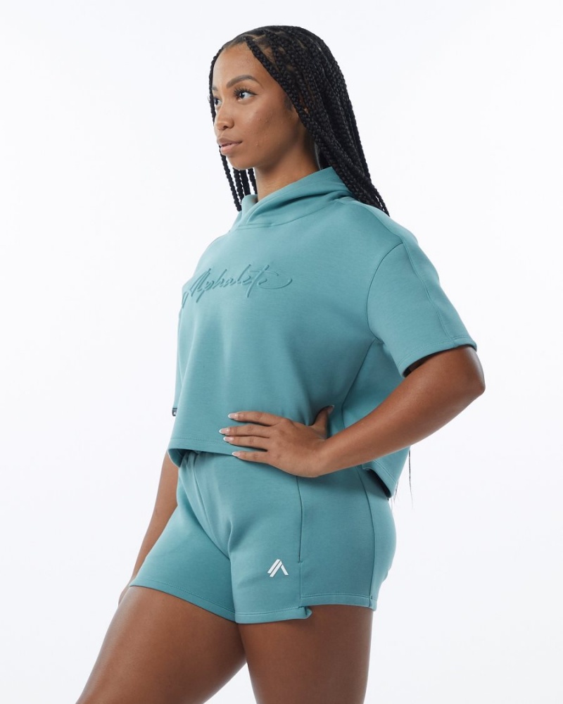 Women's Alphalete ELMTS Half Sleeve Hoodie Hoodie Teal | 5623-MASBD