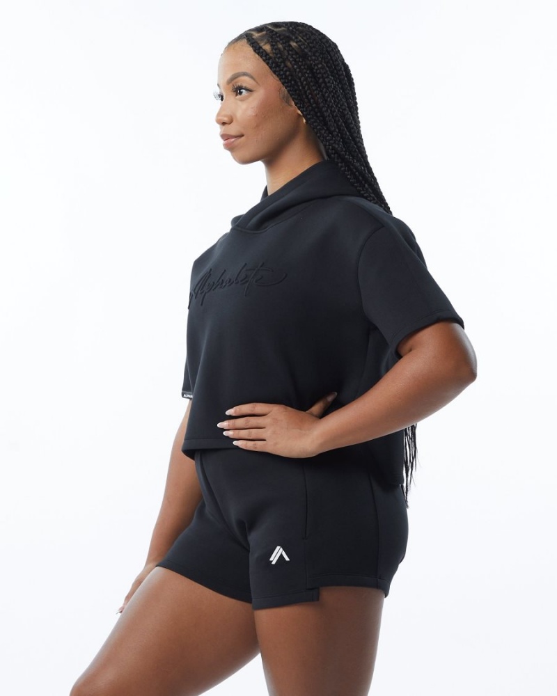 Women's Alphalete ELMTS Half Sleeve Hoodie Hoodie Black | 2397-YLWUC