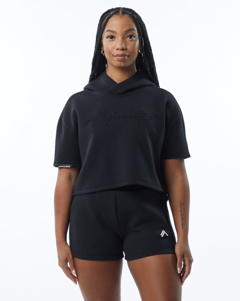 Women's Alphalete ELMTS Half Sleeve Hoodie Hoodie Black | 2397-YLWUC