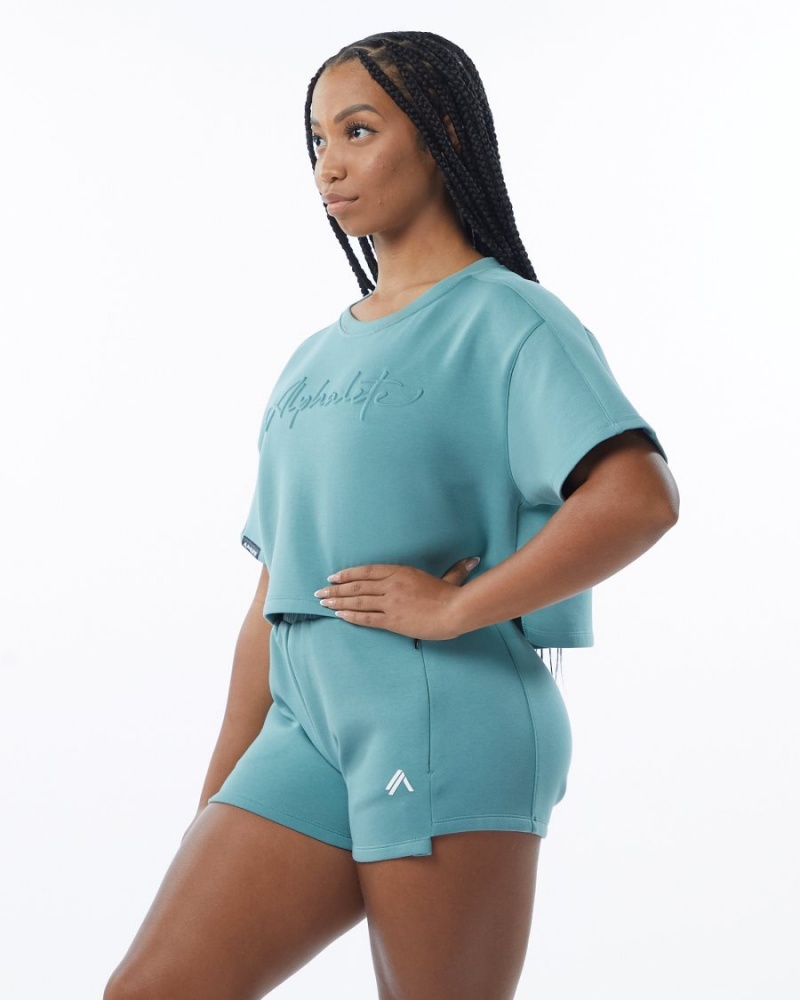 Women's Alphalete ELMTS Half Sleeve Pullover Jackets Teal | 0981-BKJDV