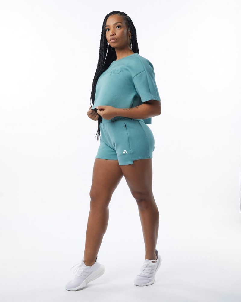 Women's Alphalete ELMTS Half Sleeve Pullover Jackets Teal | 0981-BKJDV