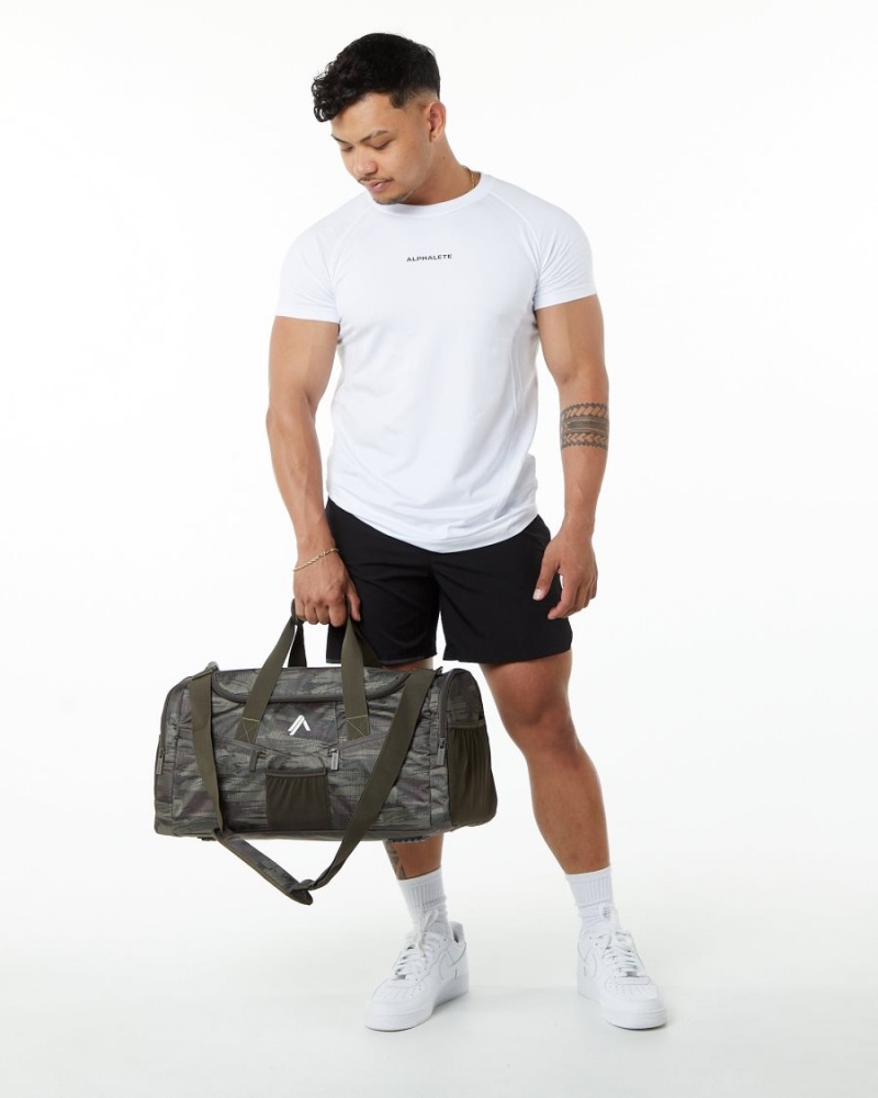 Women's Alphalete Essential Duffel Bag Accessories Olive Canvas Camo | 6391-RAJEK