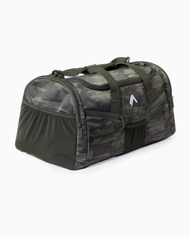 Women's Alphalete Essential Duffel Bag Accessories Olive Canvas Camo | 6391-RAJEK