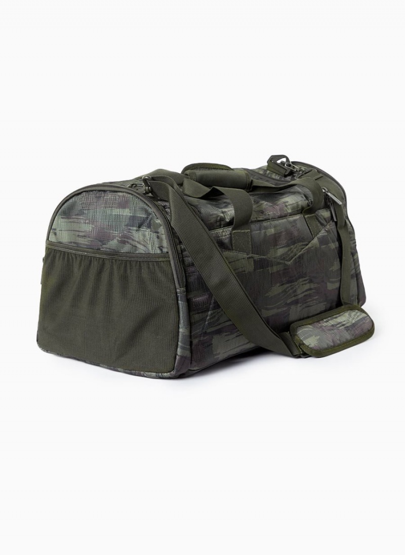 Women's Alphalete Essential Duffel Bag Accessories Olive Canvas Camo | 6391-RAJEK