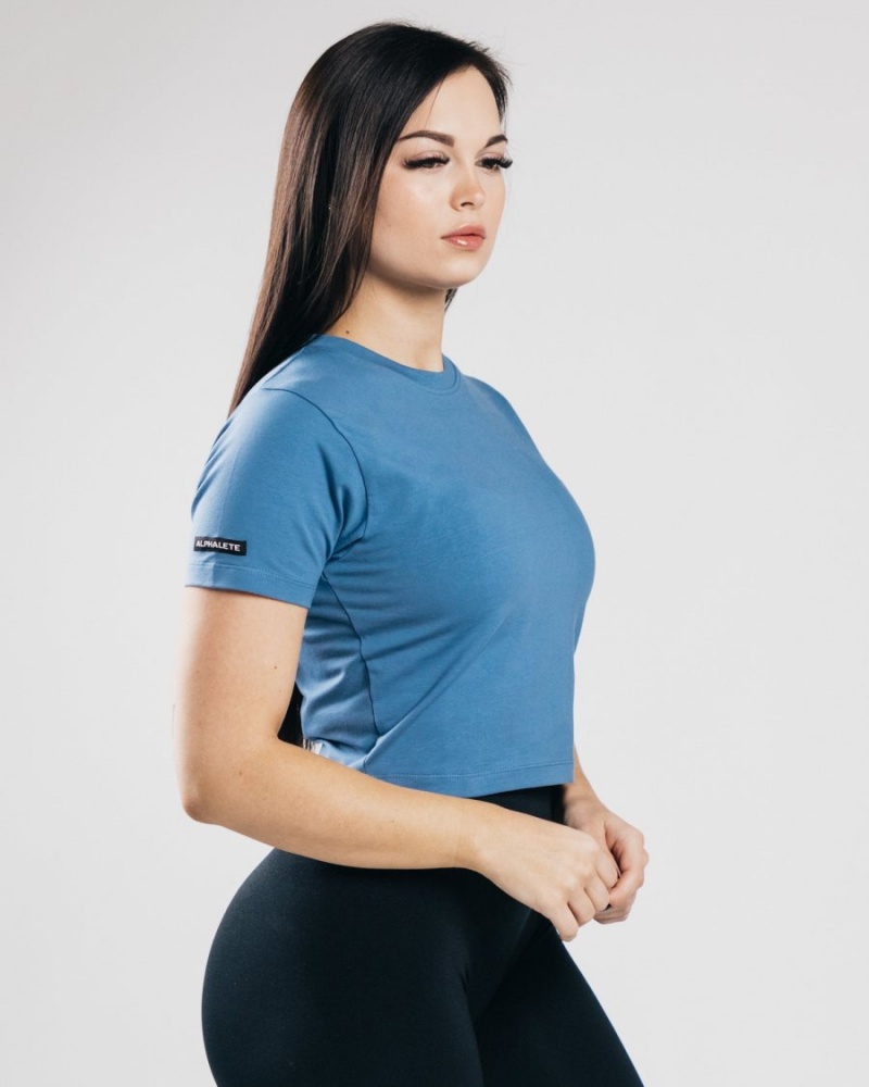 Women's Alphalete Essential Short Sleeve Crop Shirts Denim Blue | 2681-MIROX