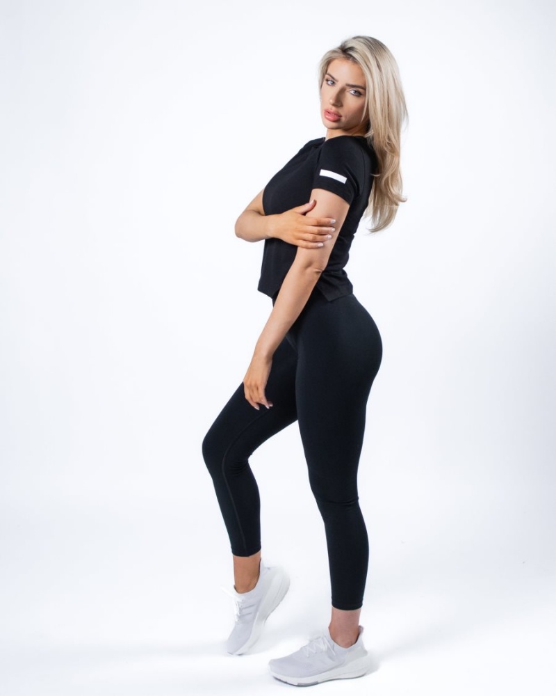 Women's Alphalete Evo Crop Shirts Black | 4971-DWGZP