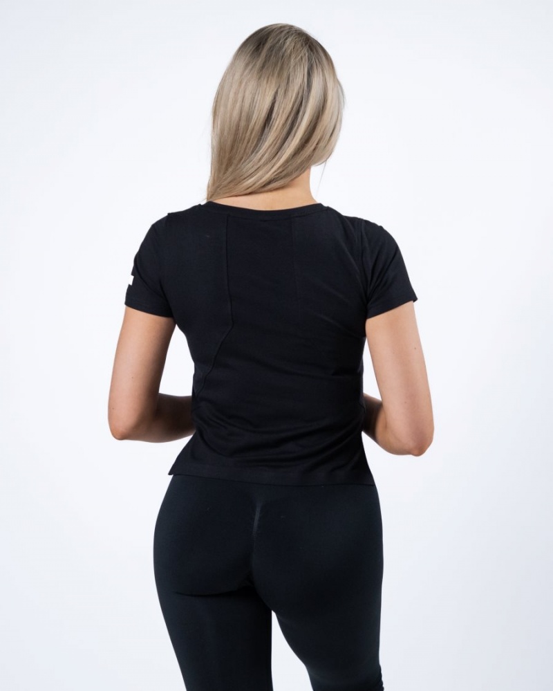 Women's Alphalete Evo Crop Shirts Black | 4971-DWGZP