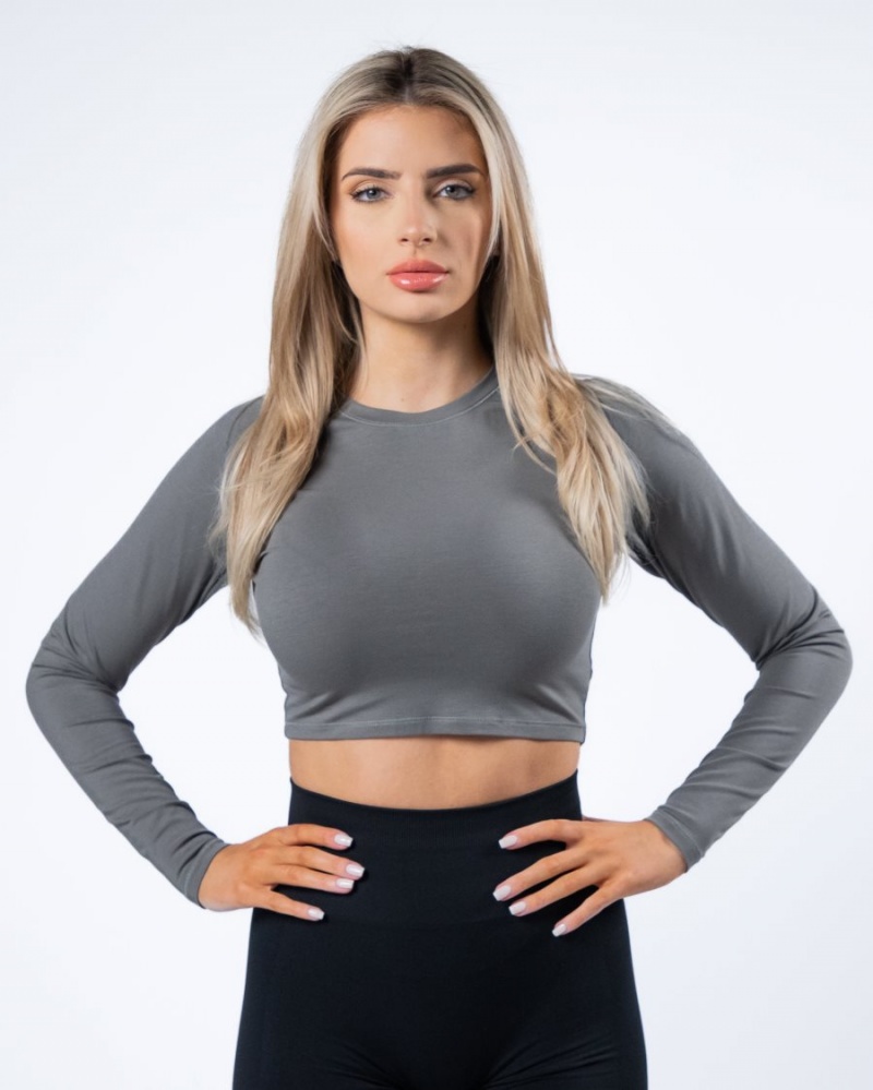 Women\'s Alphalete Evo Long Sleeve Crop Long Sleeve Stone Grey | 7231-VFMCU