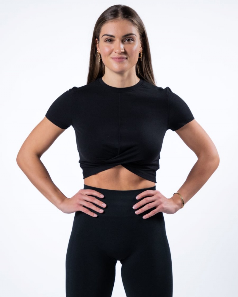 Women\'s Alphalete Evo Twist Crop Shirts Black | 2391-LNFPD