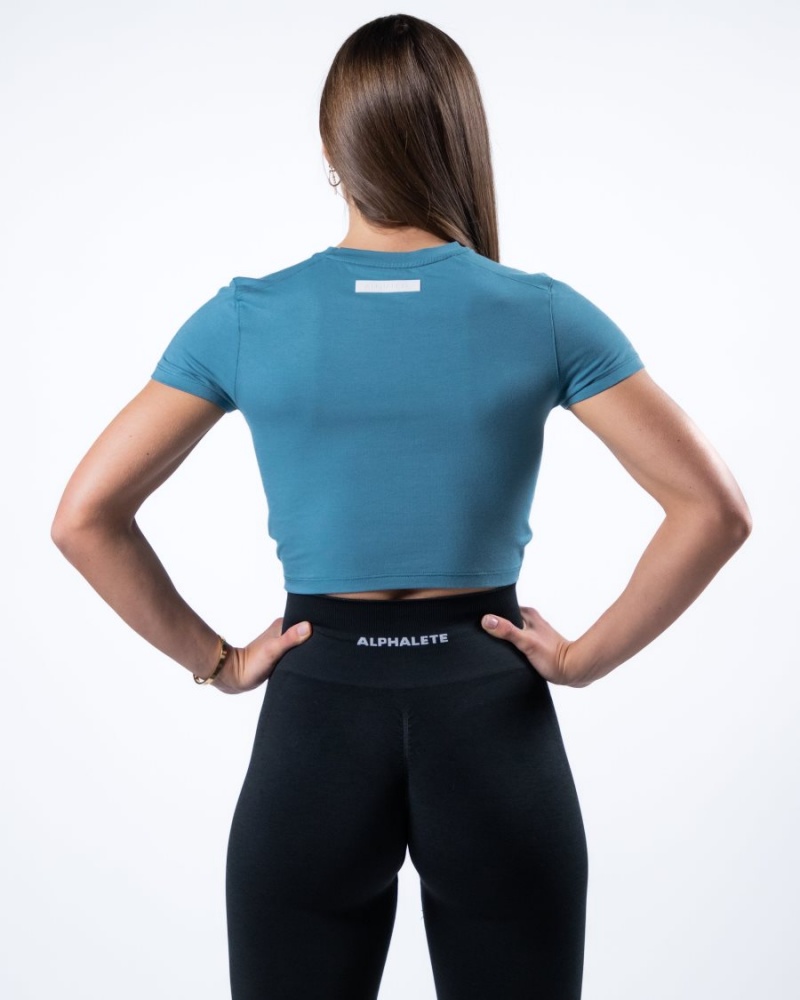 Women's Alphalete Evo Twist Crop Shirts Blue Lagoon | 8604-OIYDU