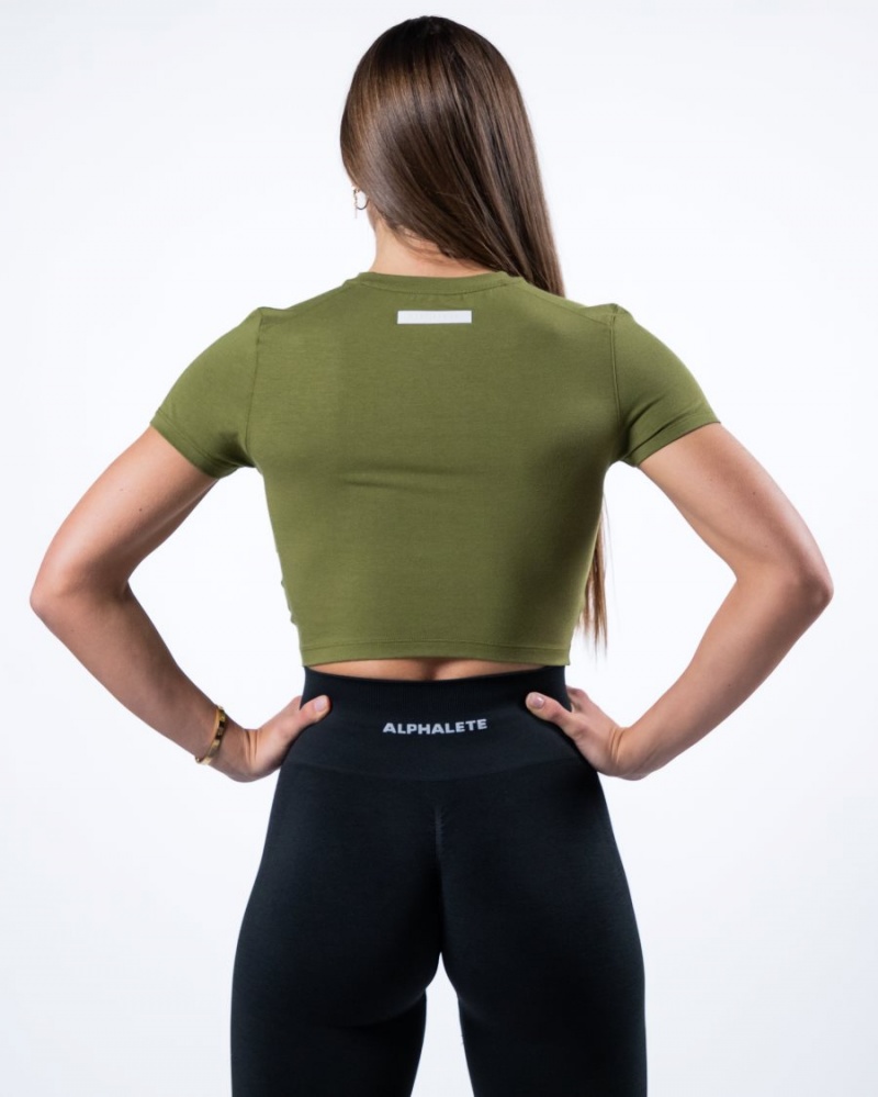 Women's Alphalete Evo Twist Crop Shirts Moss Green | 2791-OCNSK