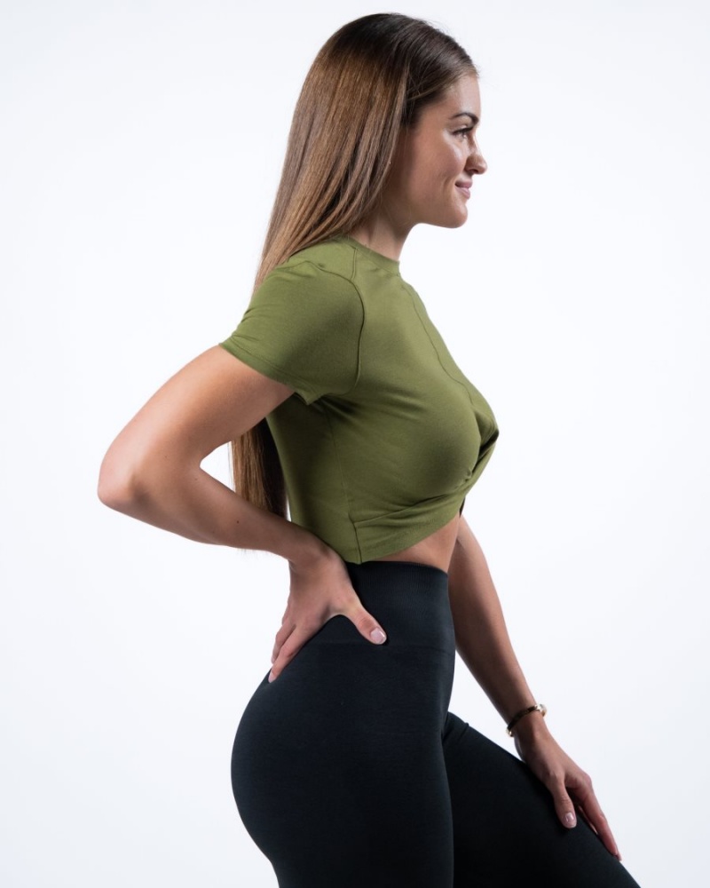 Women's Alphalete Evo Twist Crop Shirts Moss Green | 2791-OCNSK