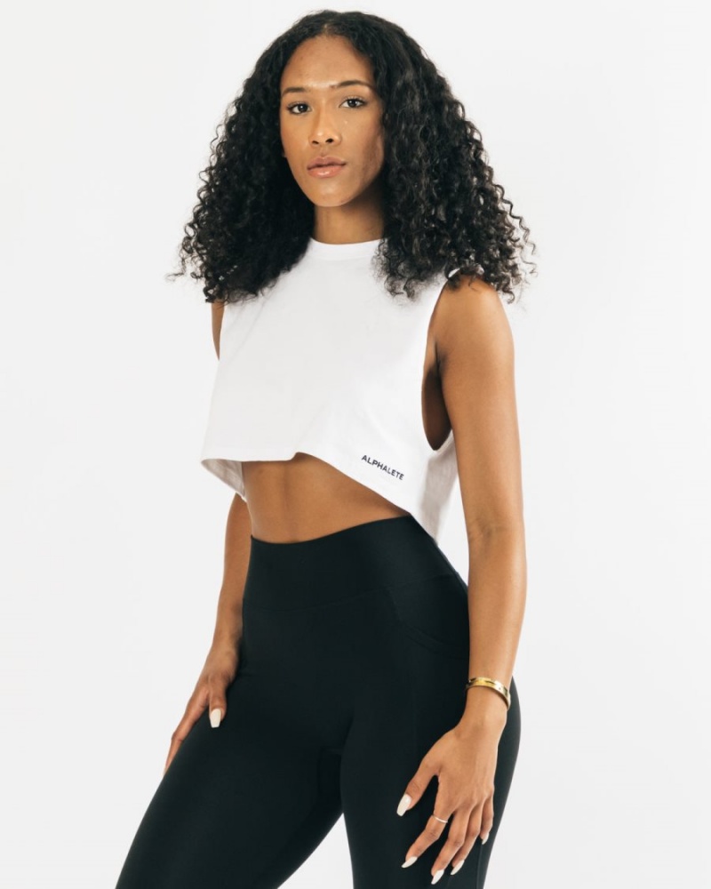 Women's Alphalete Heavy Cotton Cropped Cutoff Tank Top White | 8960-ZDLFJ