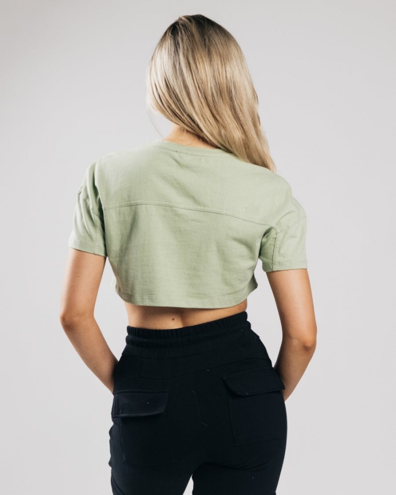 Women's Alphalete Heavy Cotton Dropped Shoulder Crop Shirts Matcha | 3485-KCUNF