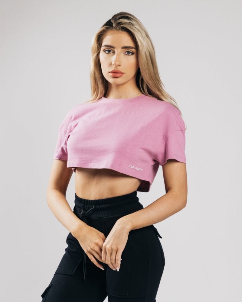 Women\'s Alphalete Heavy Cotton Dropped Shoulder Crop Shirts Pastel Pink | 1825-WUZQE