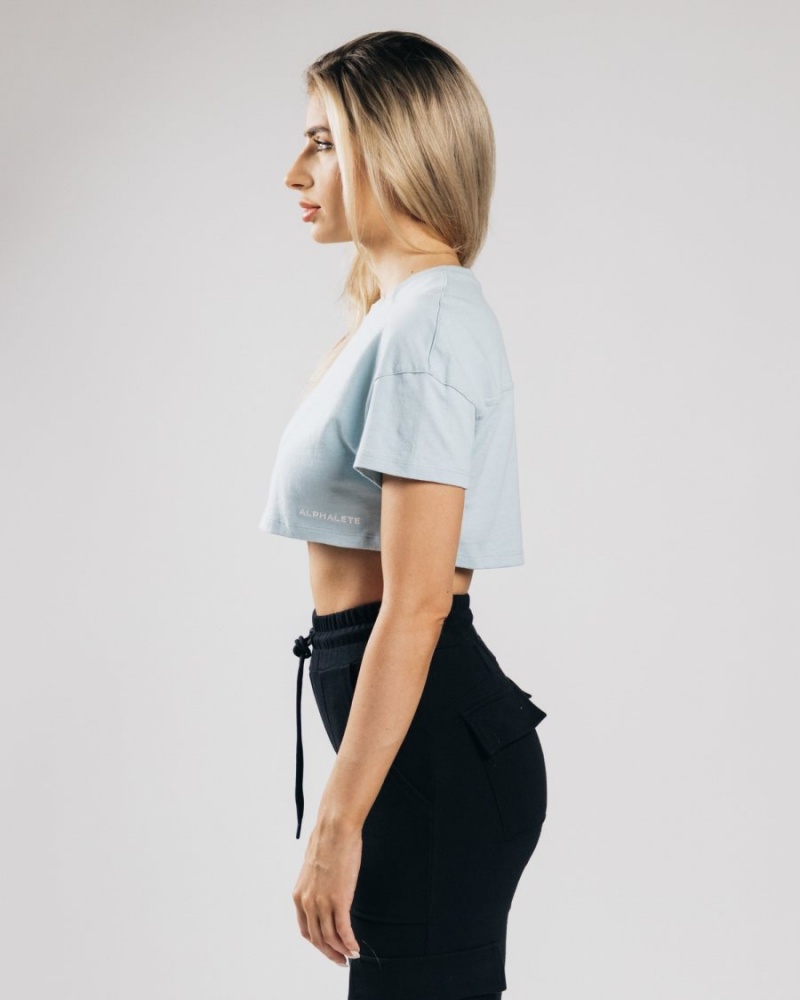 Women's Alphalete Heavy Cotton Dropped Shoulder Crop Shirts Lotus Blue | 3740-GBOKH