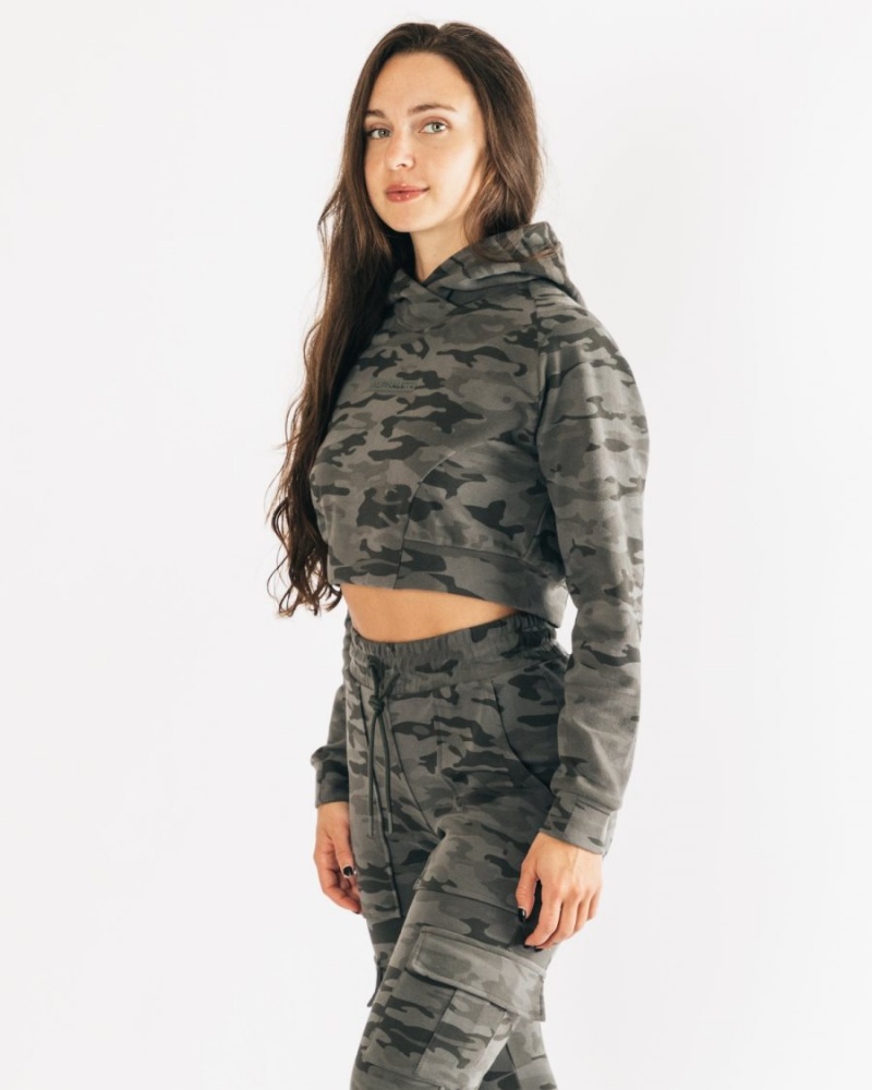 Women's Alphalete Identity Pro Crop Hoodie Hoodie Terrain Camo | 6741-VHLEW