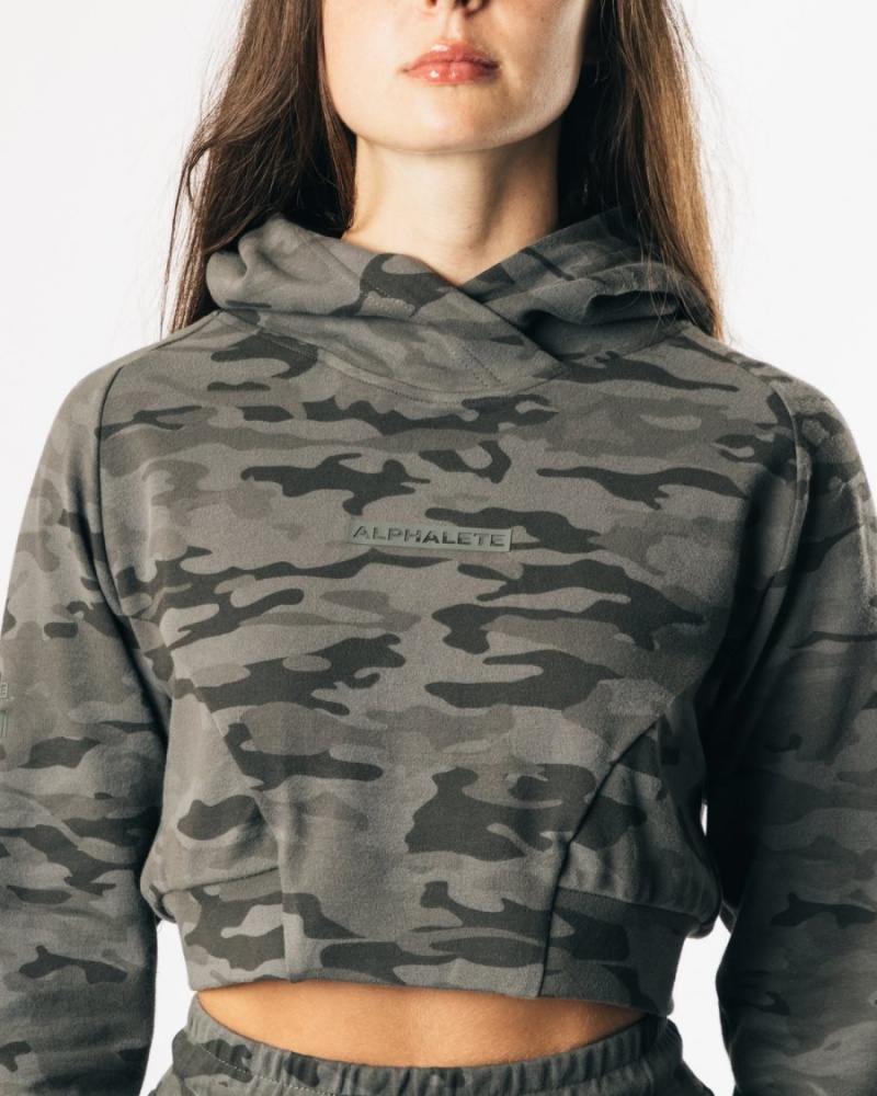 Women's Alphalete Identity Pro Crop Hoodie Hoodie Terrain Camo | 6741-VHLEW