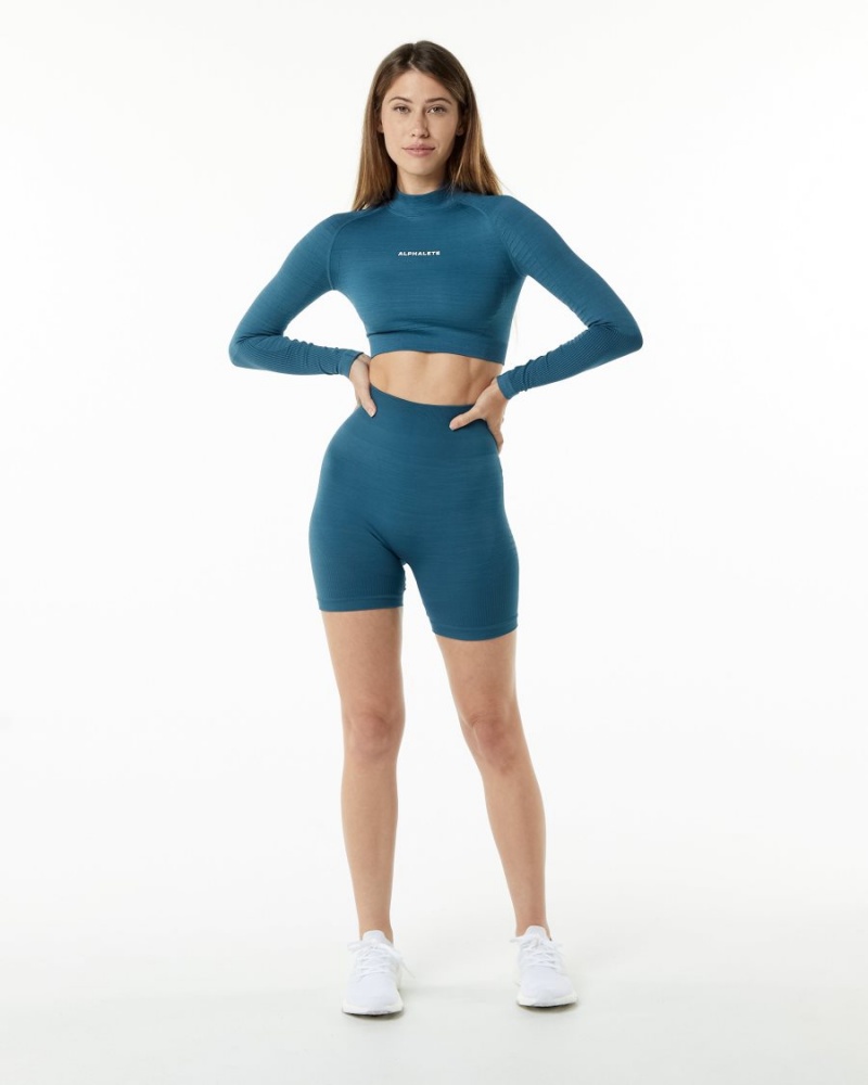 Women's Alphalete Ozone High Neck LS Crop Long Sleeve Atlantic Blue | 2076-SCUPL