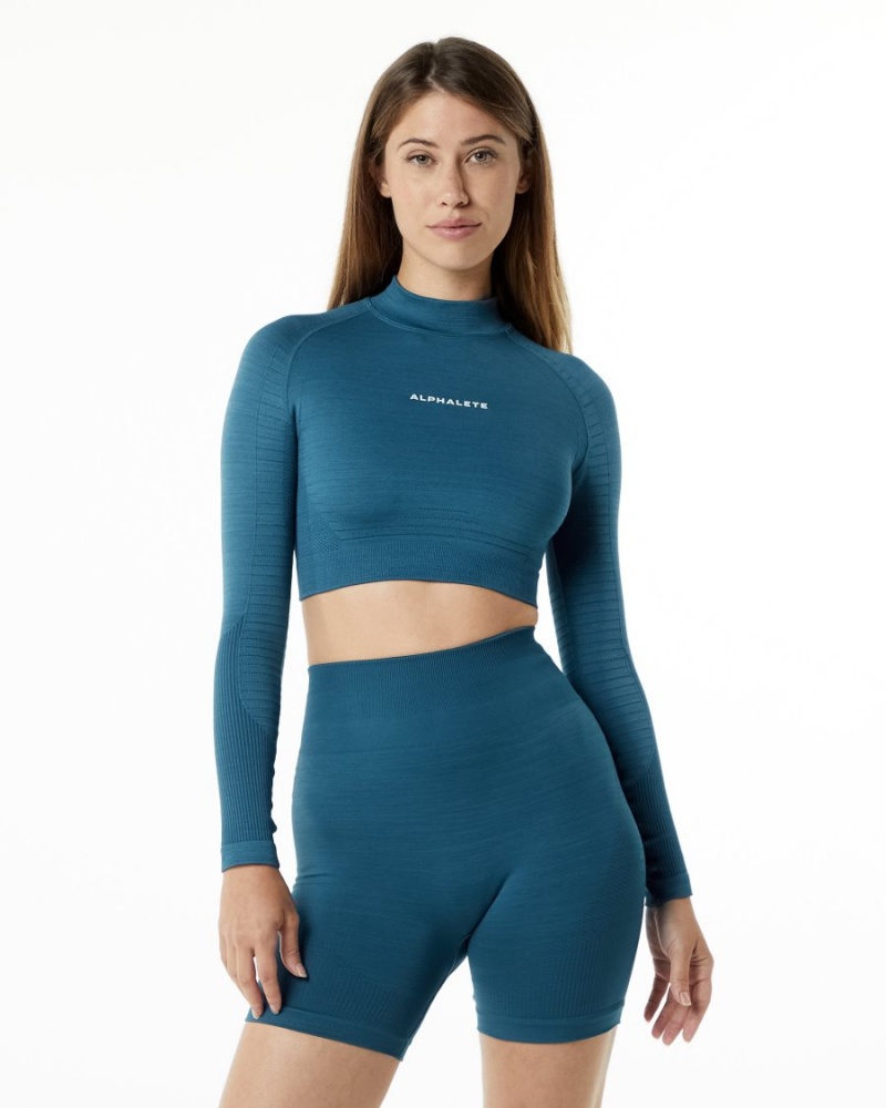 Women\'s Alphalete Ozone High Neck LS Crop Long Sleeve Atlantic Blue | 2076-SCUPL