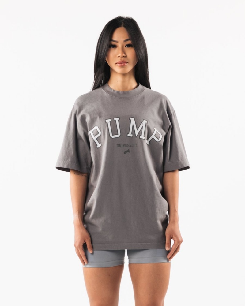 Women's Alphalete Pump University Tee Shirts Charcoal | 8394-OPDGW