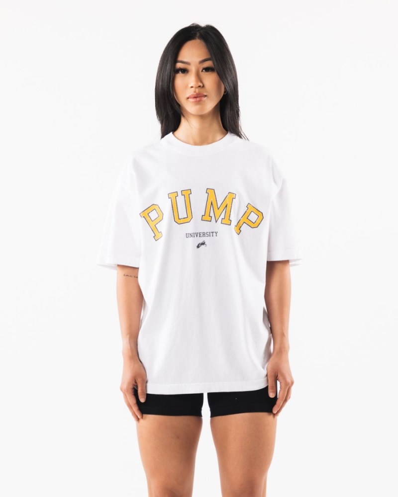 Women's Alphalete Pump University Tee Shirts White | 5792-VJCME