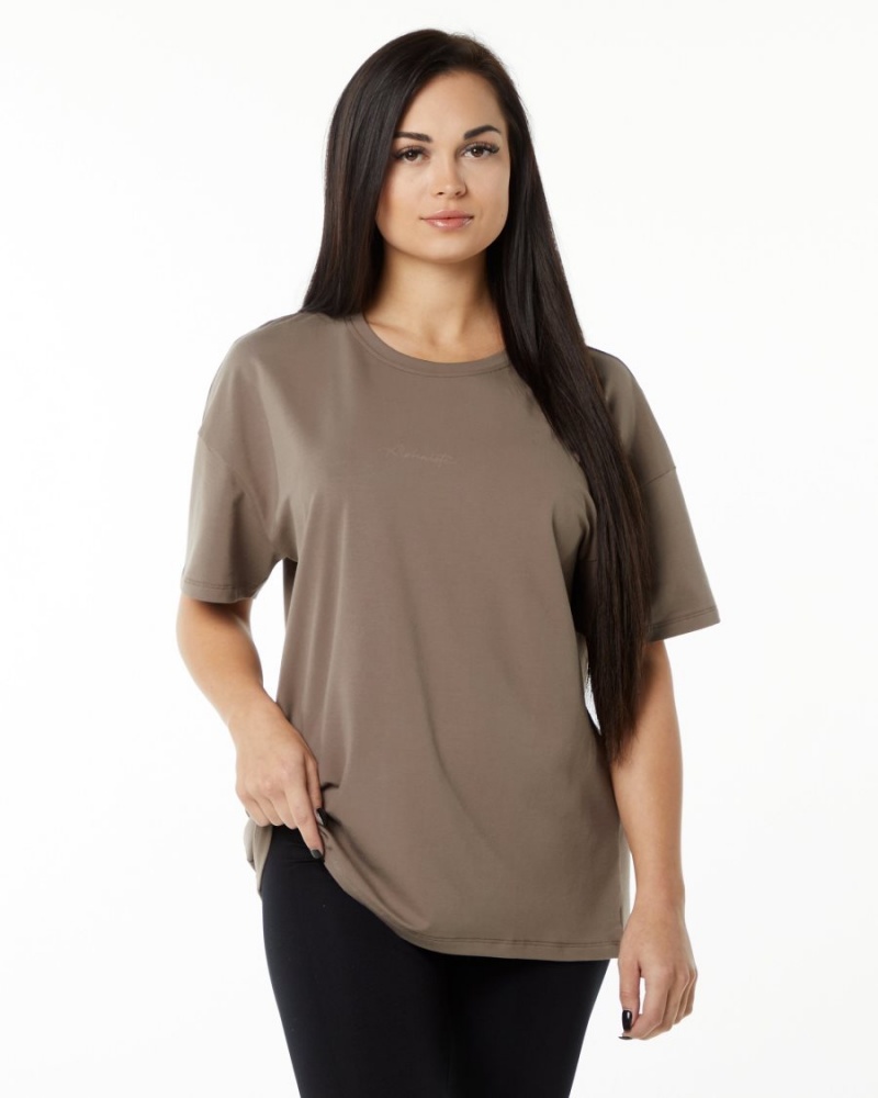 Women's Alphalete Signature Oversized Tee Shirts Mocha | 9462-QNXZR